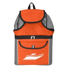 Orange and gray cooler backpack with front pockets, front main compartment, and top compartment