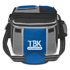 blue, gray, and black cooler bag with adjustable strap and multiple compartments