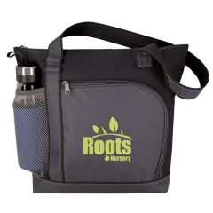 black tote bag with a gray front with a side mesh pocket, main zippered compartment with an imprint saying Roots Nursery
