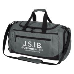 gray duffle bag with carrying strap, multiple compartments, and an imprint saying J.S.I.B Judran Samika International Banking
