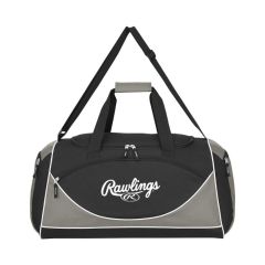 black duffle bag with gray trim, carrying handles, attached strap, multiple compartments, and an imprint saying Rawlings