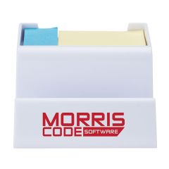white card stand with blue sticky flags and yellow post-it notes with an imprint on the front saying Morris Code Software