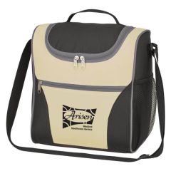 gray, white, and black cooler bag with adjustable strap, side mesh pocket, zippered front pocket, zippered main compartment, and an imprint saying arisen medical healthcare service
