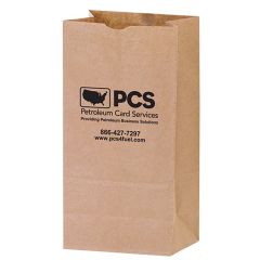 personalized tan paper bag and an imprint with an image of the united states and text saying pcs petroleum card services providing petroleum business solutions and contact information below