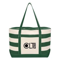 green and natural striped cotton tote bag with front pocket, carrying handles, and top zippered closure