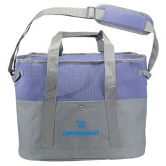 gray cooler bag with a blue trim, adjustable straps, carrying handles, and an imprint saying zupermarket grocery store