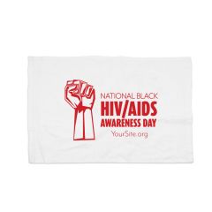 a red rally towel with a silhouette image and text above saying National Black HIV/AIDS Awareness Day