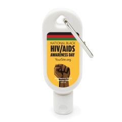 sunscreen bottle with a silver carabiner, a fist, and text saying National Black HIV/AIDS Awareness Day