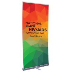 a retractable banner with a mosaic background and text saying National Black HIV/AIDS Awareness Day