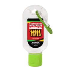a hand sanitizer bottle with a green carabiner and cap with text saying National Black HIV/AIDS Awareness Day