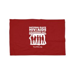 a red rally towel with a silhouette image and text above saying National Black HIV/AIDS Awareness Day