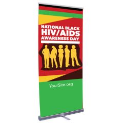 a retractable banner with an imprint of a silhouette and an imprint saying National Black HIV/AIDS Awareness Day