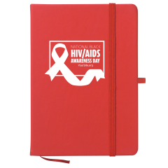 red journal with matching pen loop, elastic band, and bookmark with a white ribbon and text saying National Black HIV/AIDS Awareness Day