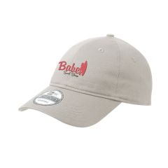 natural colored adjustable hat with embroidered stitching saying babe surf shop