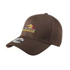 brown hat with embroidered stitching of a horse and text below saying brewster