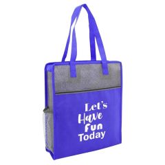 blue shopper tote bag with handles, side mesh pocket and large front pocket with an imprint saying Let's Have Fun Today