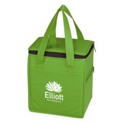 green cooler bag with carrying handles, ID Holder, zippered compartment, and an imprint saying elliot pool & pond service