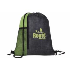 green drawstring bag with a patterned design with a front mesh pocket and zippered compartment with an imprint saying Roots Nursery