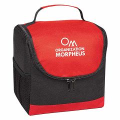 red and black lunch bag with side mesh pocket, carrying handle, and main zippered compartment