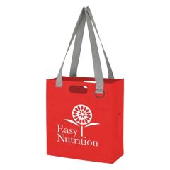 red non-woven tote bag with gray carrying handles, split ring attachment, pen holder, and an imprint saying Easy Nutrition