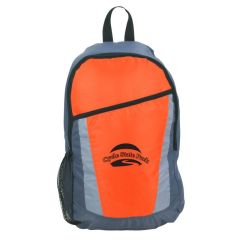 gray backpack with orange trim, front pocket, a side mesh pocket, and a main zippered compartment with an imprint saying Cycle State Park