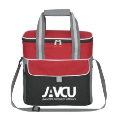 red cooler bag with adjustable strap and comfort grip carrying handles