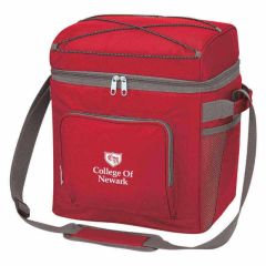 red cooler bag with adjustable strap, multiple pockets, carry handle, and an imprint saying college of newark
