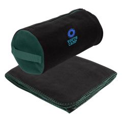 black fleece blanket with green whipstitch and a green and black carrying bag with an embroidered imprint on the front saying youth camp
