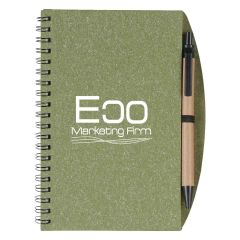 personalized olive spiral notebook with black and natural colored pen and an imprint saying eco marketing firm