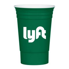 green plastic cup with an imprint saying lyft
