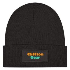 black beanie with a full color imprint on the patch saying Cliffton Gear