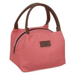 patterned red and white striped cooler bag with leather handles and zippered main compartment