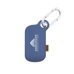 a blue power coated power bank with a silver carabiner and an imprint saying Anderson Consulting