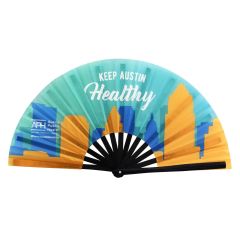 custom snap fan with an image of blue and yellow building silhouettes and a light blue background with text saying keep austin healthy and austin public health prevent. promote. protect. text to the bottom left