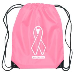 pink drawstring bag with black drawstring straps and breast cancer ribbon imprinted with yoursite.org text below