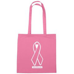 pink tote with breast cancer ribbon imprint on the front with yoursite.org text below