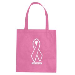 pink non-woven tote bag with breast cancer ribbon imprinted on the front and yoursite.org text below