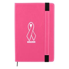 pink leatherette journal with matching strap closure and breast cancer ribbon imprinted in the middle with yoursite.org text below it.
