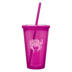 pink tumbler with a straw and an imprint of a girl with butterflies in her hair