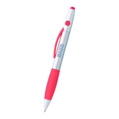 silver pen with pink grip, clip holder, stylus on top, highlighter, and an imprint in the middle saying benton healthcare