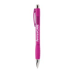 pink translucent pen with pink grip, silver tip and plunger, and an imprint saying avera care