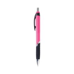 blank pink barreled pen with black grip and clip holder and silver tip and plunger