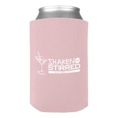 pink can cooler with a can inserted and an imprint saying shaken and stirred bar and grill