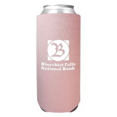 pink can cooler with a can inserted and an imprint saying bluechist falls national bank