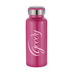 pink stainless steel water bottle with an imprint saying goody