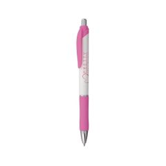 white barreled pen with pink trimming and pink grip and an imprint saying pretty in pink