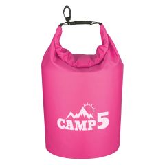 pink dry bag with a roll up closure with clip and an imprint on the front saying camp 5