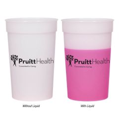 pink color changing cup with an imprint saying pruitt health committed to caring
