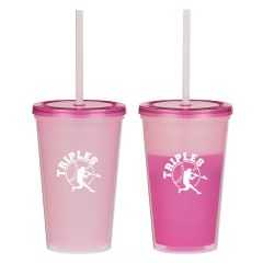 pink color changing tumbler with included straw and an imprint saying triples