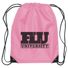 pink drawstring bag with an imprint saying flu university